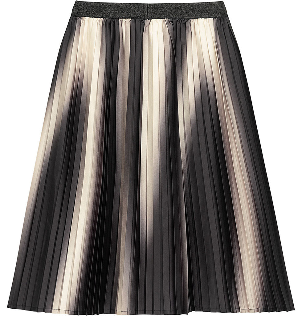 Modischer plissierter Midirock mit elegantem vertikalem Farbverlauf in Schwarz und Hellbeige.