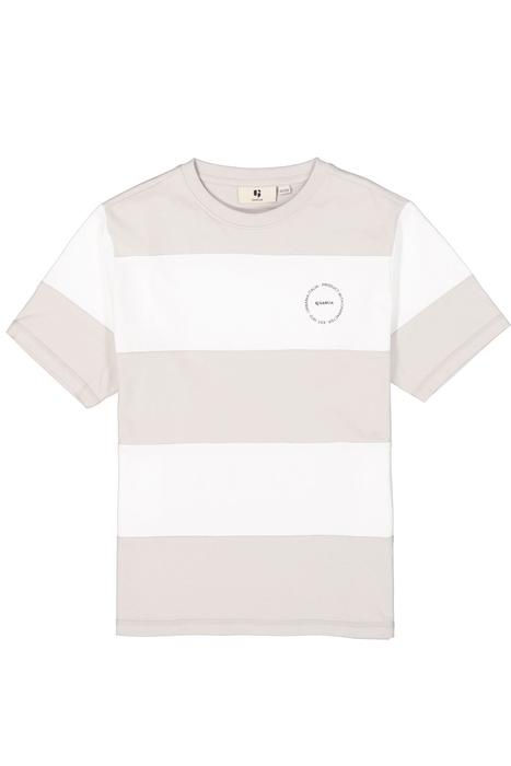 Gestreiftes T-Shirt mit kurzen Ärmeln in Weiß und Hellbeige.