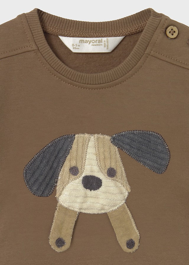 Braunes Baby T-Shirt Mayoral mit Applikation Hundegesicht und Druckknöpfen.