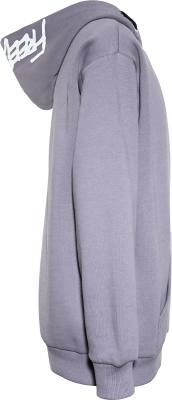 Grauer schlichter Hoodie mit Kapuze von der Seite.