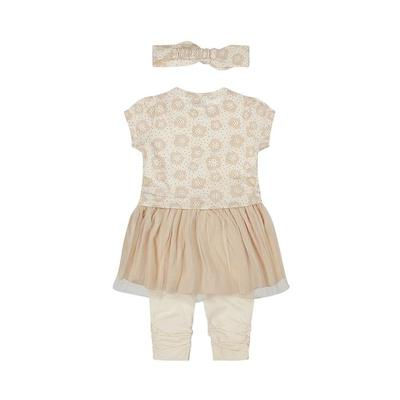 Entzückendes beiges Babykleid Set mit Leggings und passendem Stirnband.