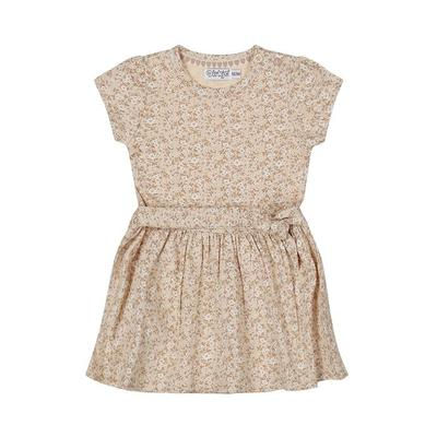 Kurzärmliges beiges Kinderkleid mit Blumenmuster und elastischer Taille.