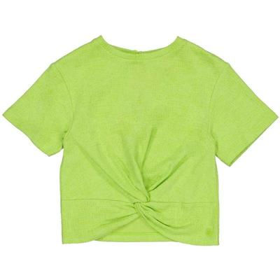 Leuchtend limettengrünes Kurzarm-Crop-Top mit stilvollem Knoten vorne.