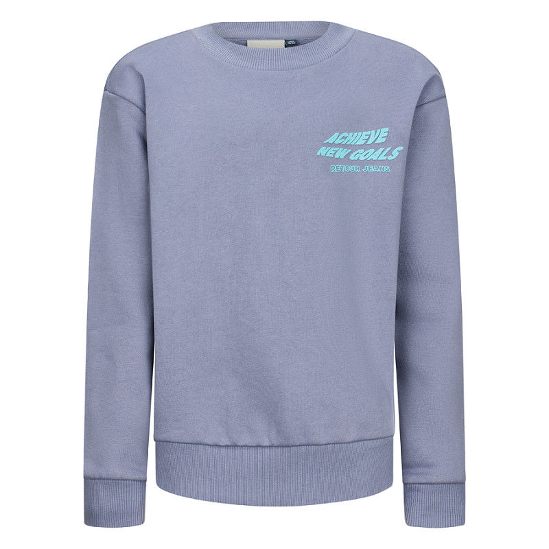 Blaues Sweatshirt mit Aufdruck 'WAKE UP AND LIVE' in Hellblau.