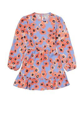 Kurzes, langärmeliges Kleid in Lila mit orange-schwarzem Blumenmuster und Rüschensaum.