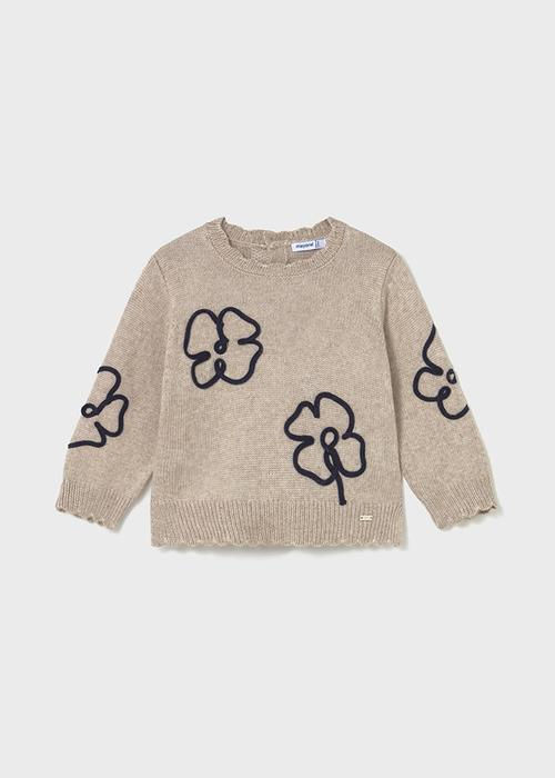 Beigefarbener Strickpullover mit eingestickten schwarzen Blumenmustern für Kinder