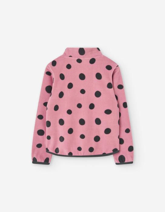 Pinker Fleece-Pullover mit schwarzen Punkten für Mädchen, Rückenansicht.