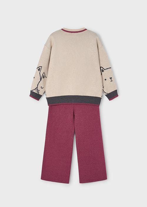 Beiges Sweatshirt mit floralen Ärmeln, weite rote Hose, Mädchen Set.