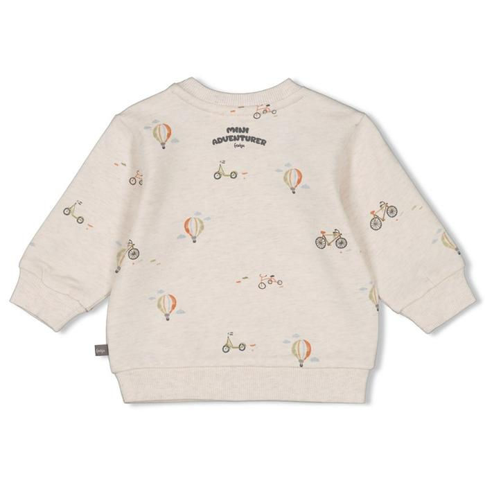 Helles, cremefarbenes Baby-Sweatshirt mit zartem Heißluftballon-Muster für Kinder.