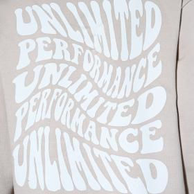 Beiger Stoff mit wellenförmigem Text: UNLIMITED PERFORMANCE mehrfach gedruckt.