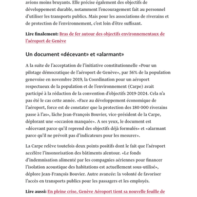 Intervention de J-F Bouvier dans le journal "le Temps" du 04.07.2024 sur la nouvelle convention d'objectifs entre l'AIG et le gouvernement genevois, une convention sans objectifs pour les riverains.
