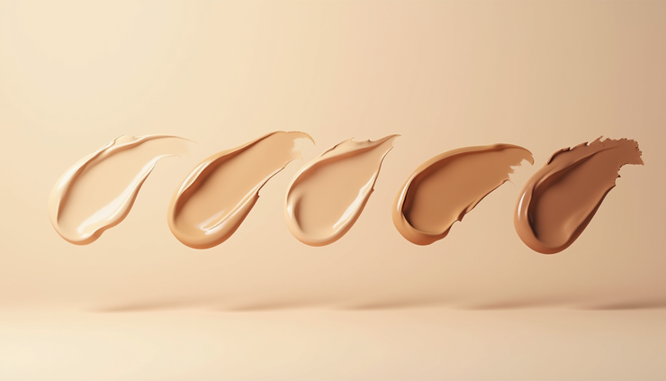 Eye-level view of foundation swatches on a neutral background showing diverse skin tones