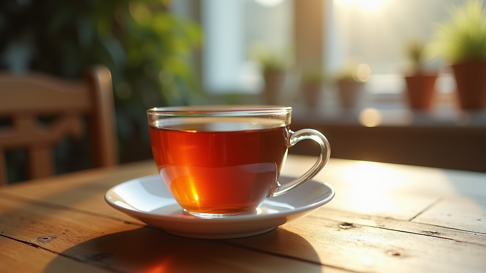 Close-up view of a cup of herbal tea on a wooden table with soft natural light