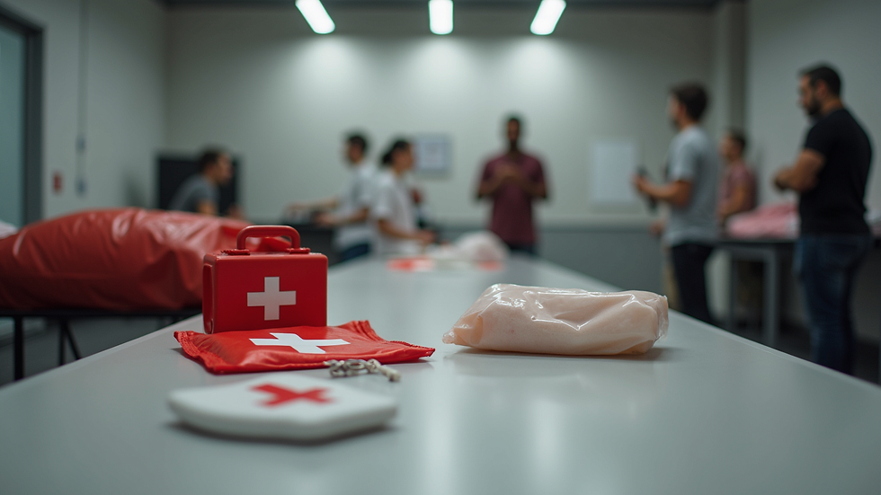 Close-up view of first aid training equipment on a table