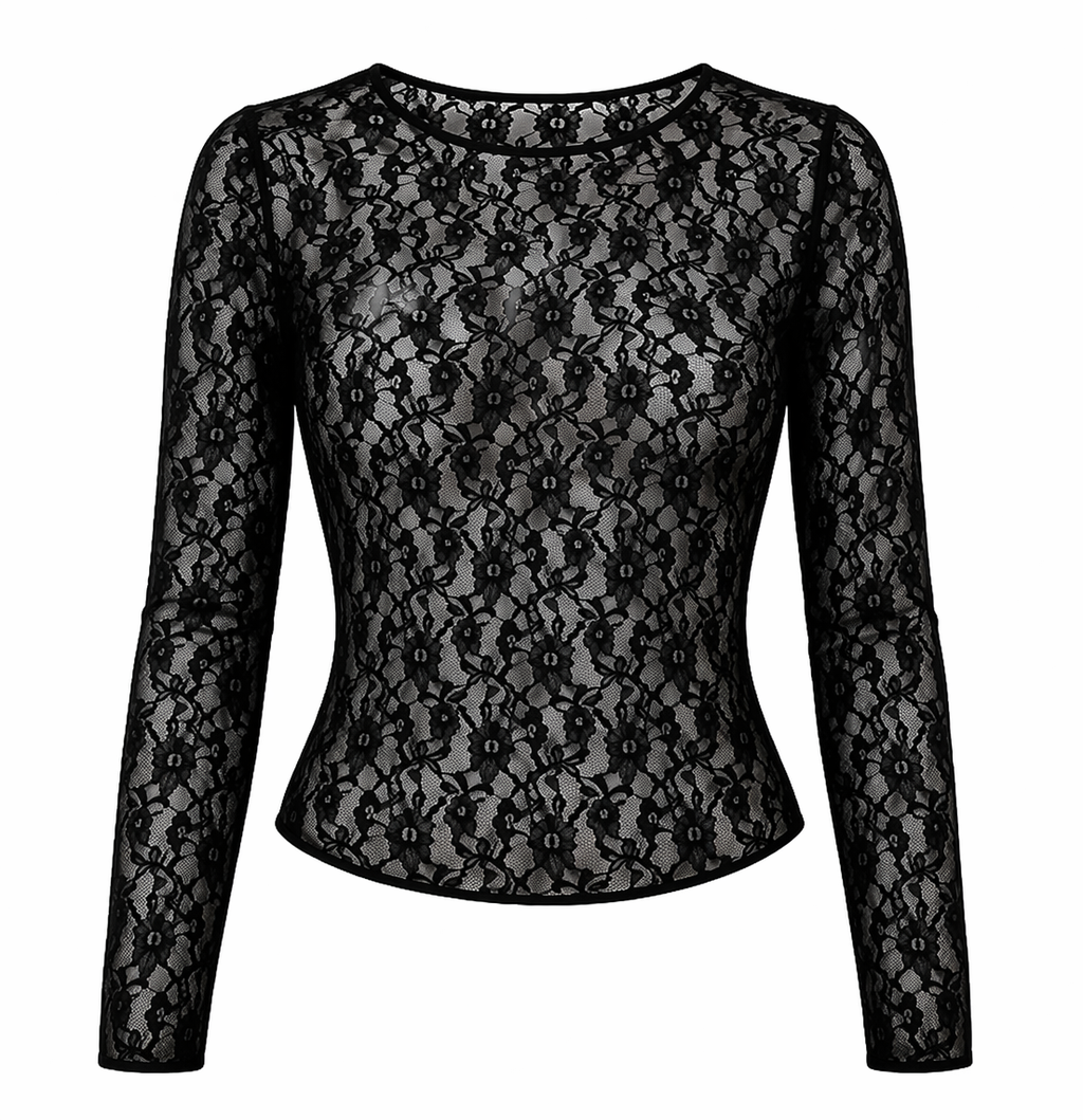 Blusa Cropped de Renda Transparente com Manga Longa