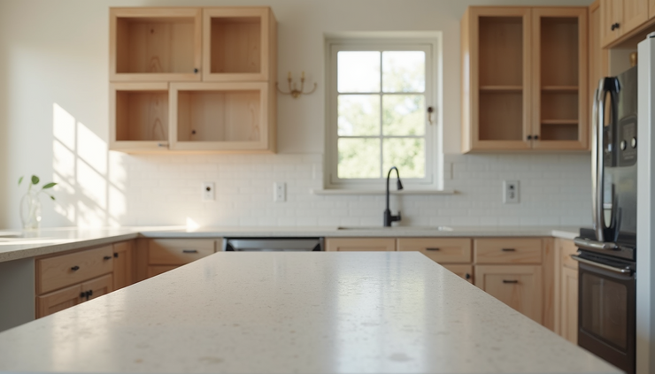 Eye-level view of a modern kitchen under renovation with cabinets and countertops being installed