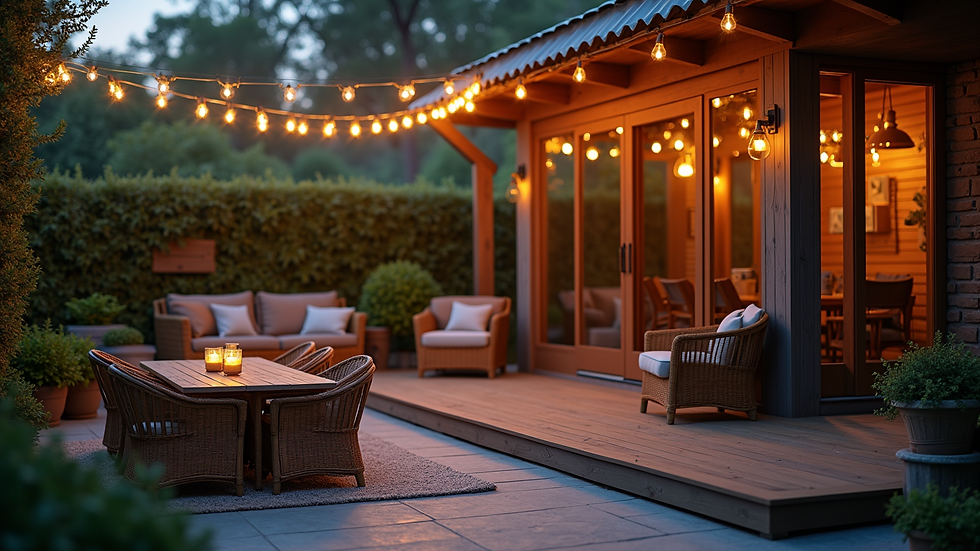 Wide angle view of a cozy outdoor patio with string lights and comfortable seating