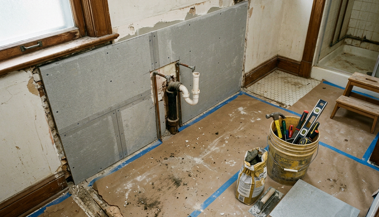 High-angle view of a partially renovated bathroom with exposed plumbing and new tile backer board