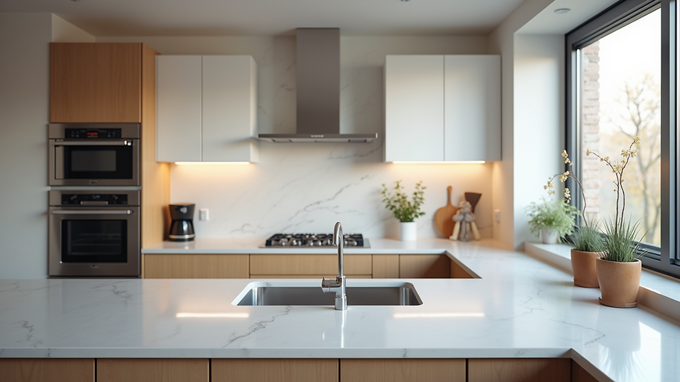 Eye-level view of a modern kitchen with quartz countertops and stainless steel appliances