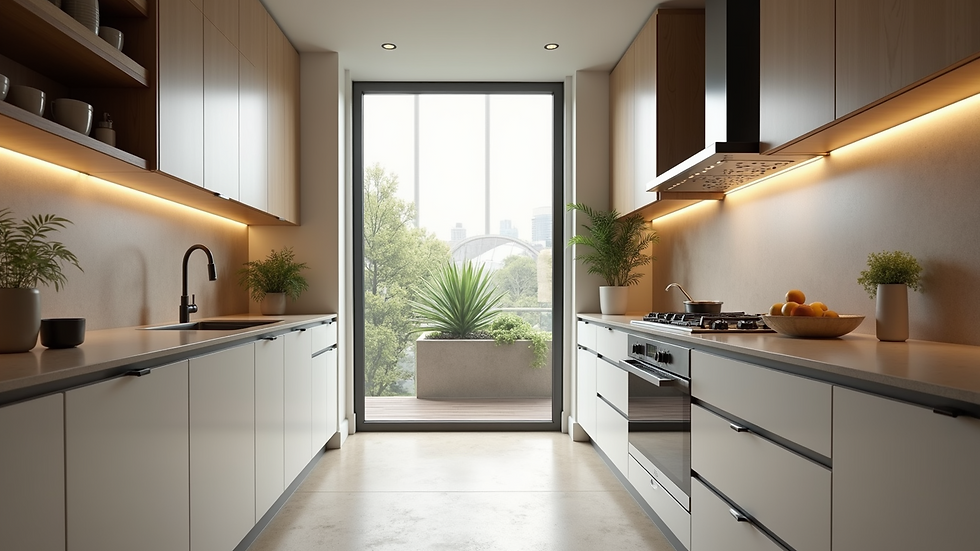 Eye-level view of a modern kitchen with custom cabinetry and ample natural light