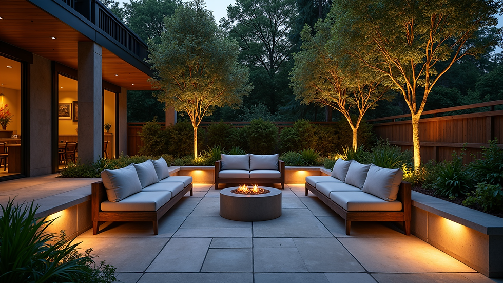 Wide angle view of backyard patio with custom seating and garden lighting