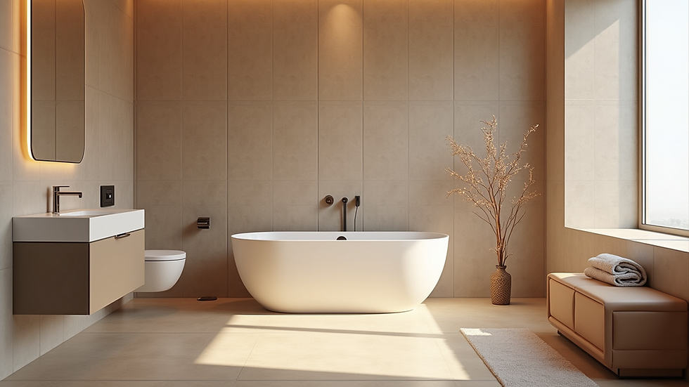 Eye-level view of a modern bathroom with warm tile flooring