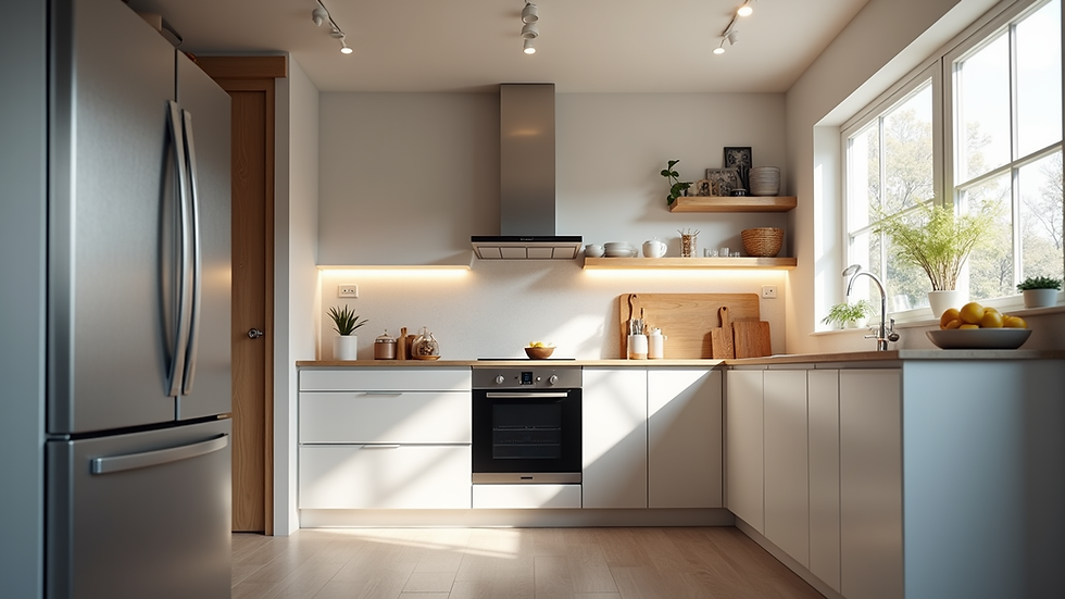 Eye-level view of a modern kitchen with new cabinets and appliances