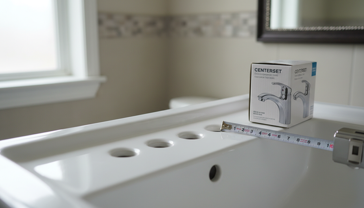 Close-up view of a sink deck with three faucet holes and a tape measure across the openings.