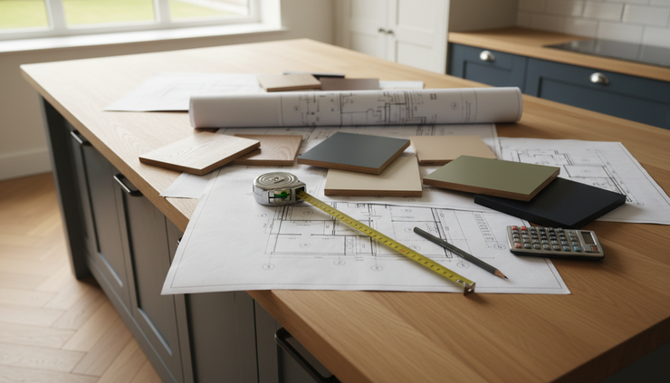Close-up view of renovation plans, wood samples, and a tape measure on a kitchen island