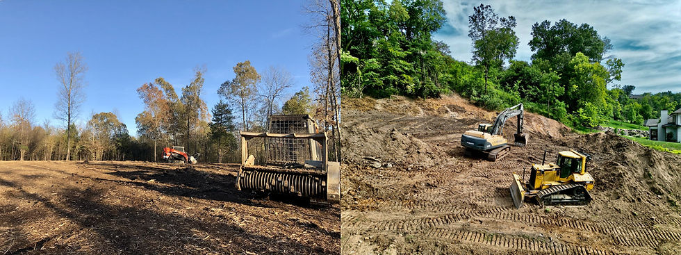 Split view showing a skid steer with a forestry mulcher performing land clearing on the left, compared to an excavator and bulldozer moving earth for site preparation on the right.