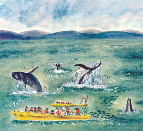 Hand-painted watercolour and acrylic illustration of tourists watching humpback whales breaching off the coast of Australia. From “Rewild the World at Bedtime,” by Children's Illustrator and Author Ella Beech based in Cambridge, UK