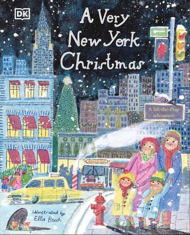 Hand-painted watercolour and acrylic illustration of a family standing on a busy New York street corner, with a yellow taxi, classic New York steam, and the Rockefeller Christmas tree. Snow is falling under a starry night sky, creating a magical holiday atmosphere. From “A Very New York Christmas!” illustrated by Ella Beech.