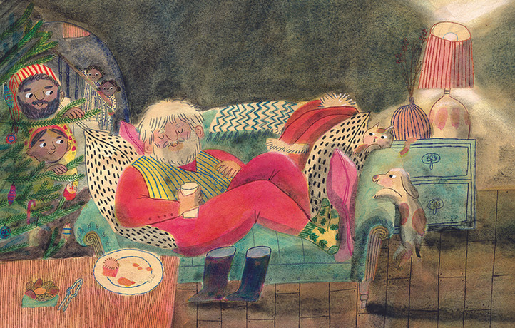 Hand-painted watercolour and acrylic illustration of Santa on the sofa with milk and a mince pie, as a family peeks through the Christmas tree and a cat and dog watch. From “The Night Before Christmas,” illustrated by Children's Illustrator and Author Ella Beech based in Cambridge, UK for The Folio Society