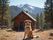 Dog Sitting In Front Of A Cabin In The Mountains