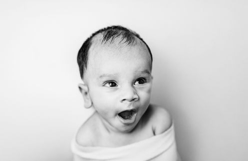 older baby newborn session, 6 week old newborn session, baby expression portraits, black and white