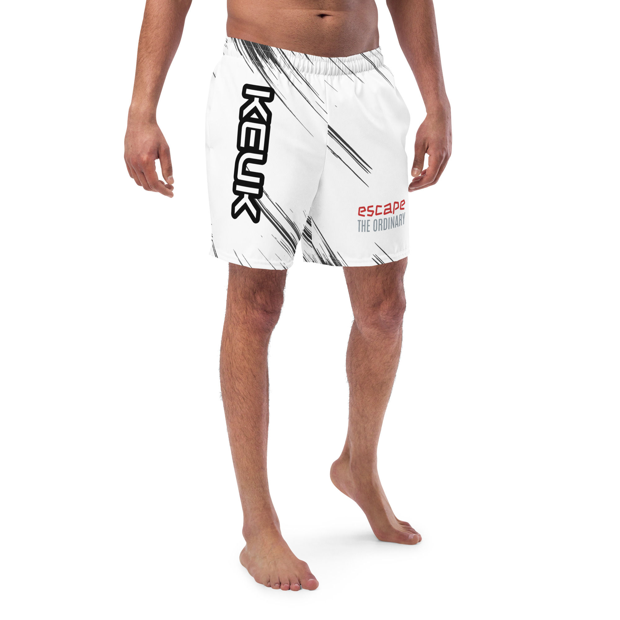 Man wearing KEUK white shorts