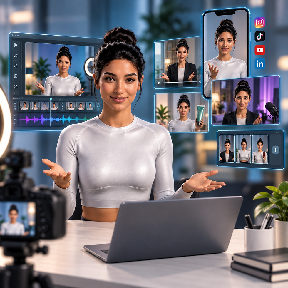 AI avatar creator producing personal brand content for recurring introductions, updates, social videos, product demos, and audience messages.