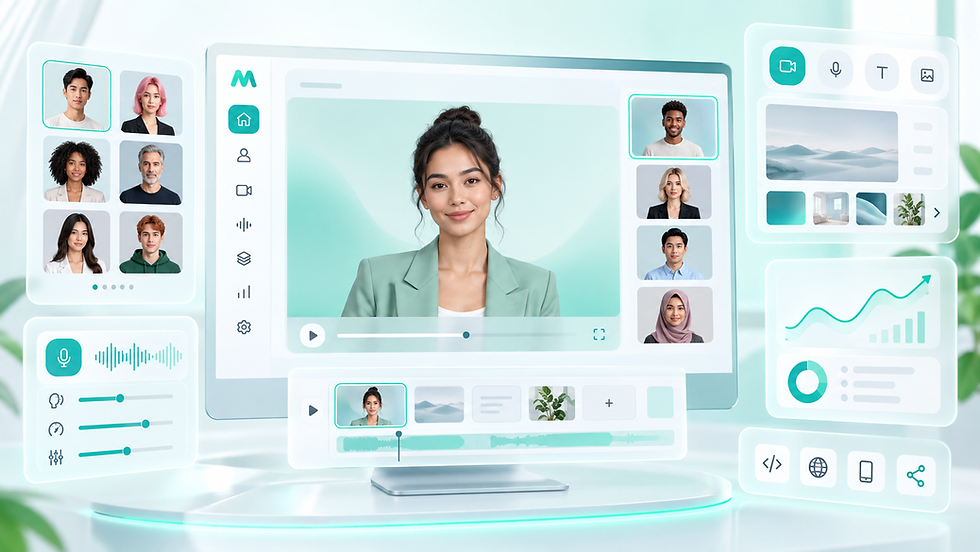 AI avatar creation dashboard with persona selection, voice controls, video editing tools, analytics, and deployment options.