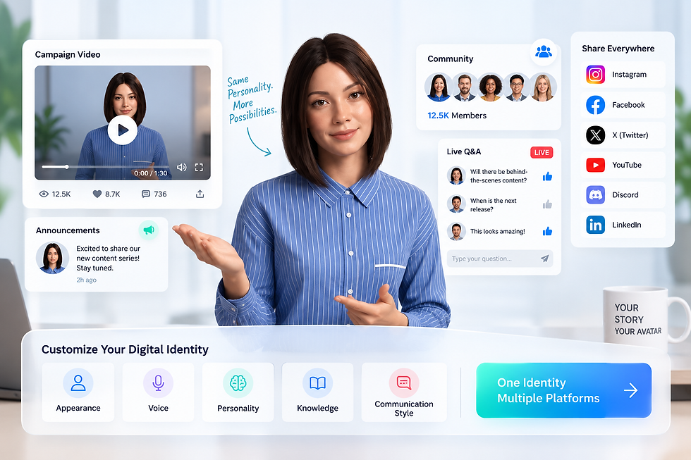 Personal AI avatar showing a recognizable digital identity across campaign videos, community engagement, live Q&A, and social media platforms.