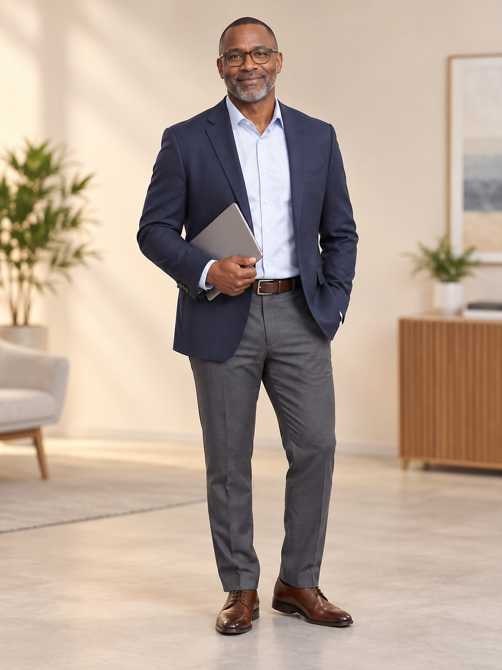 Male executive trainer wearing glasses and a navy blazer, holding a tablet in a softly lit modern office.