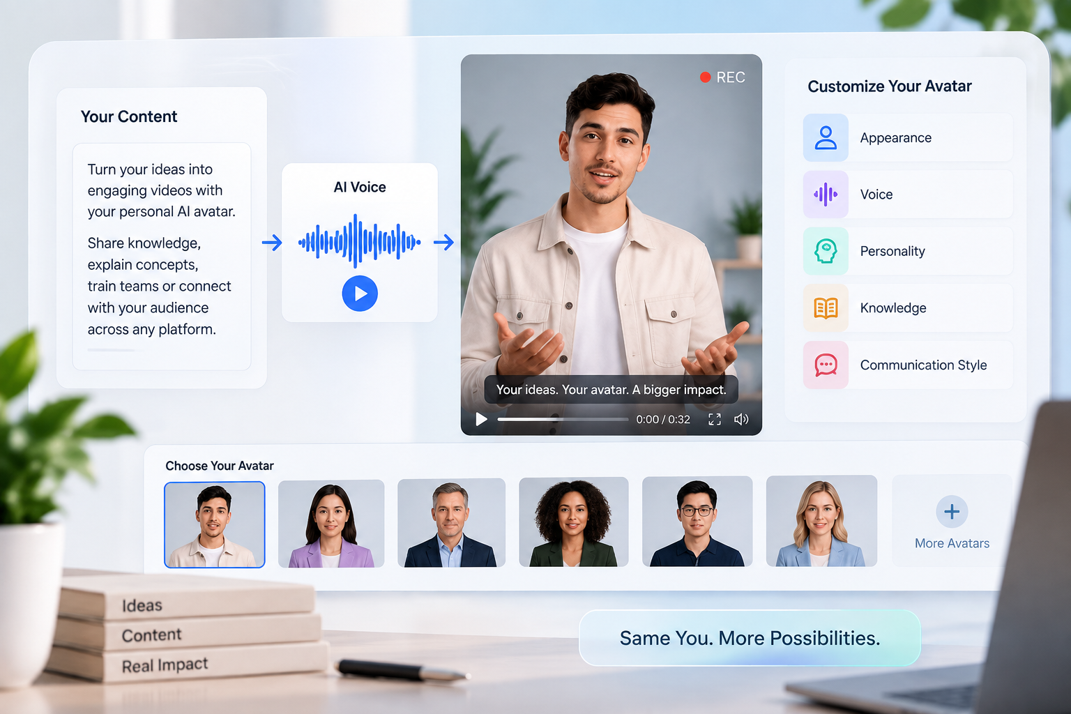 Personal AI avatar creation workflow showing content, voice, appearance, personality, knowledge, and communication style customization for a digital human.