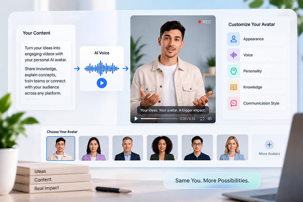 Personal AI avatar creation workflow showing content, voice, appearance, personality, knowledge, and communication style customization for a digital human.