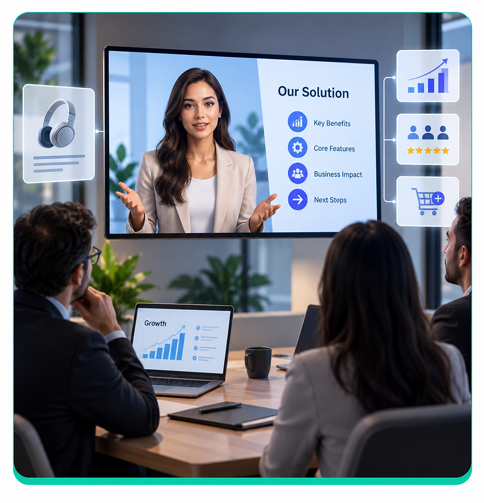 Team watching an AI avatar present product features and benefits on a large screen in a meeting room.