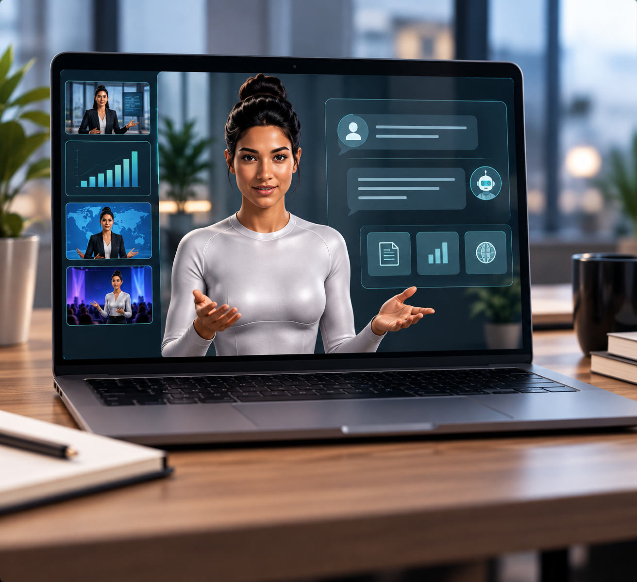 AI avatar presenting leadership messages and professional insights through a digital representative with presentation visuals and communication tools.