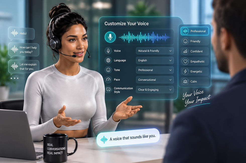 Personal AI avatar voice customization interface showing controls for voice, language, tone, pacing, and communication style.