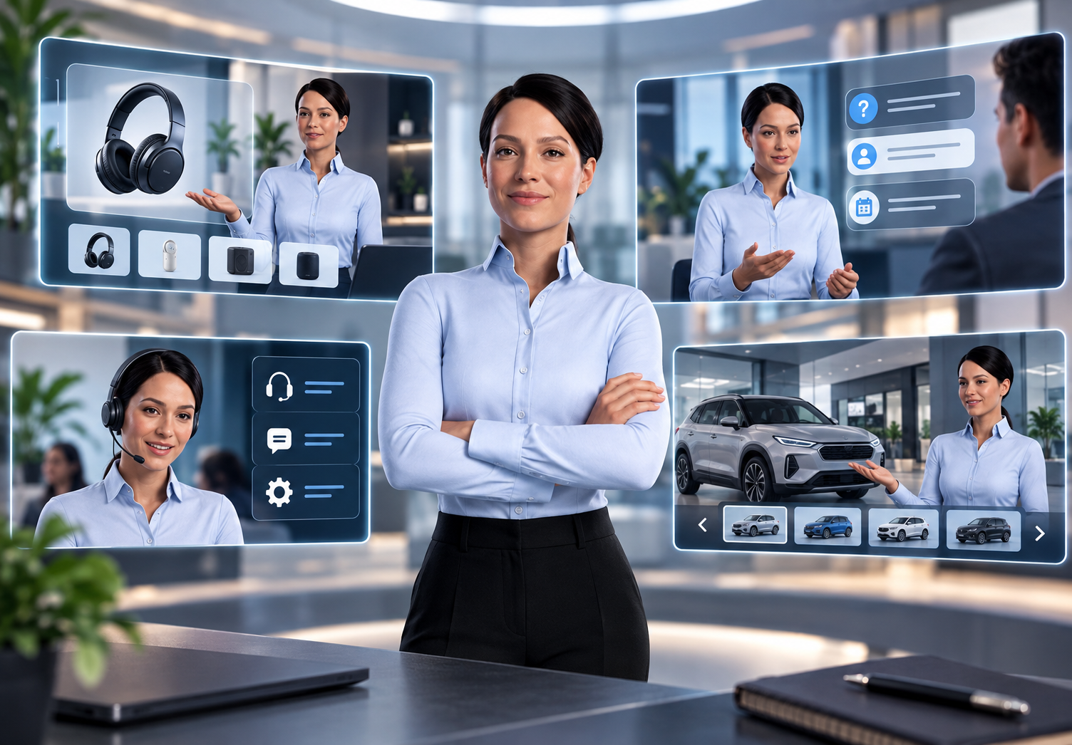 AI avatar supporting customer and sales experiences through product guidance, customer support, lead qualification, and service navigation.