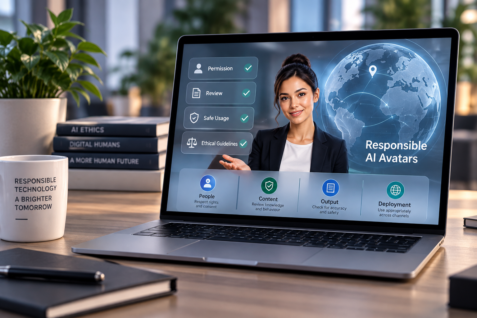 Responsible AI avatar creation interface showing permission checks, content review, ethical guidelines, safe usage, and deployment controls.