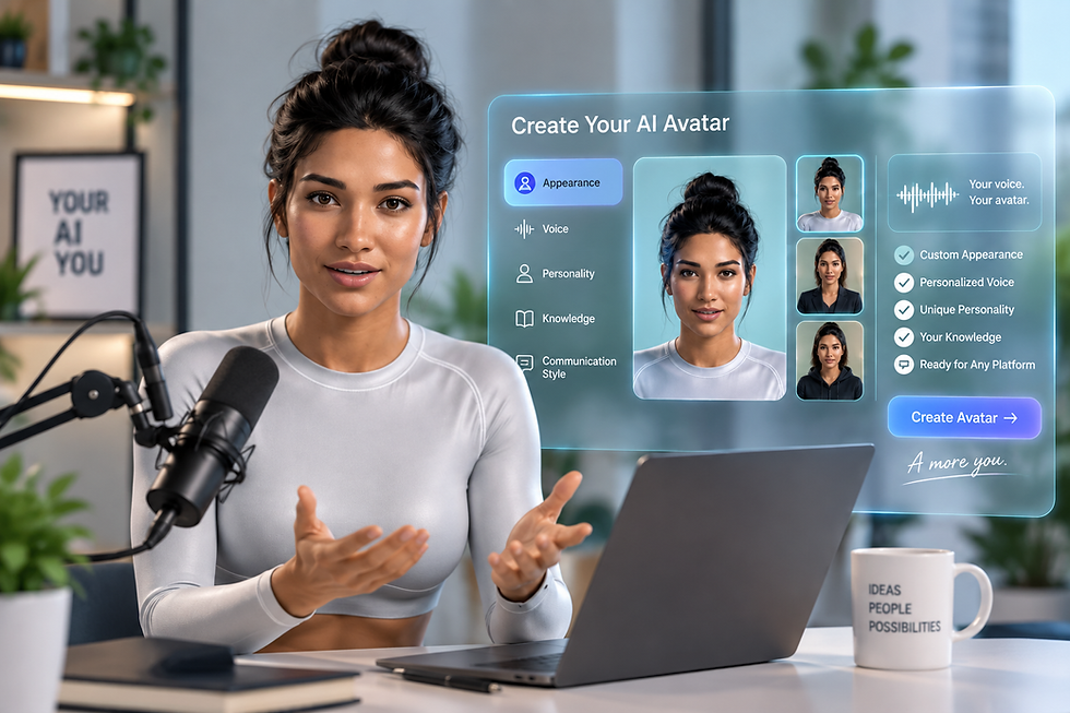 Personal AI avatar creation interface showing a digital human with customizable appearance, voice, personality, knowledge, and communication style.