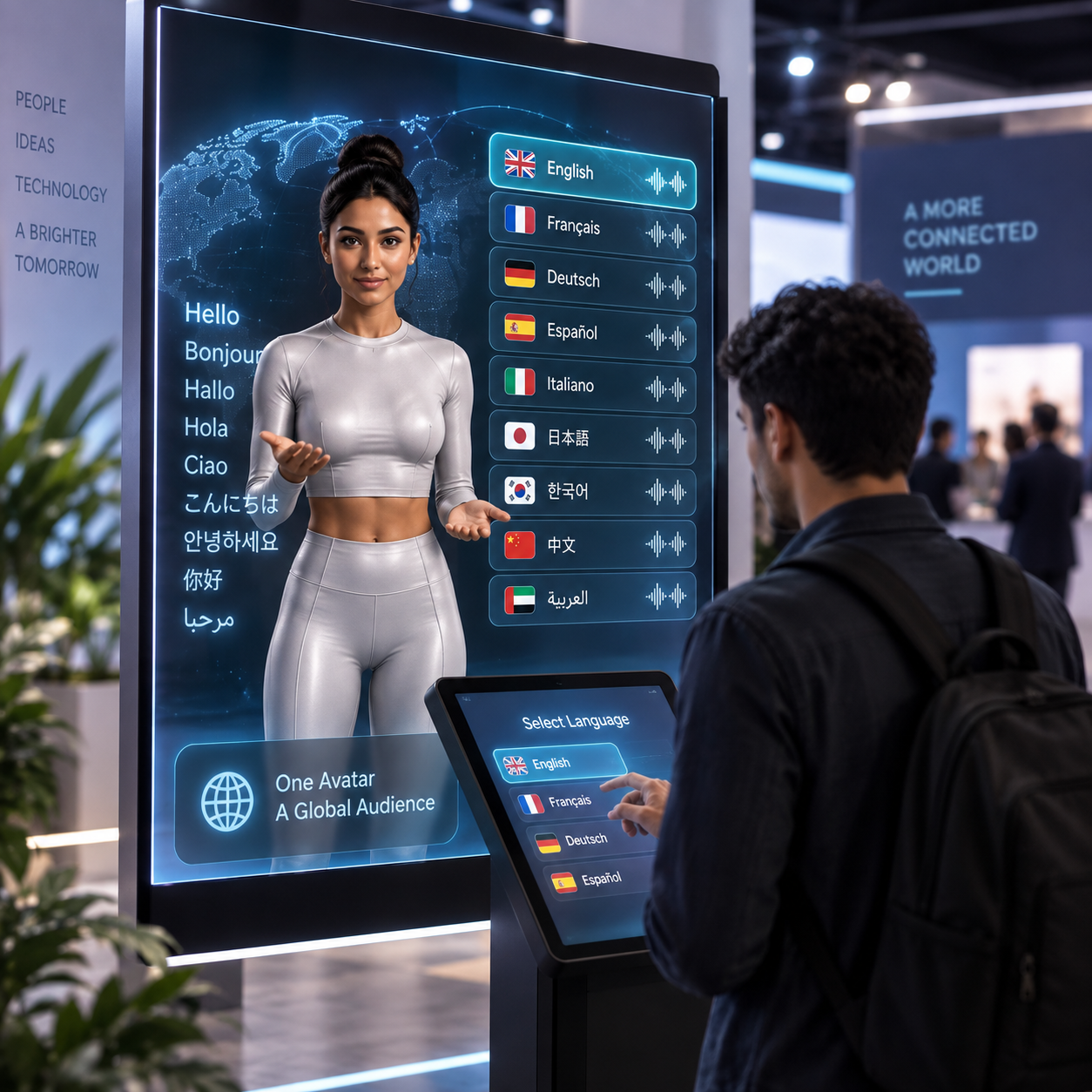 Multilingual AI avatar assisting visitors with language selection, localized voice interactions, and digital human communication across multiple languages.