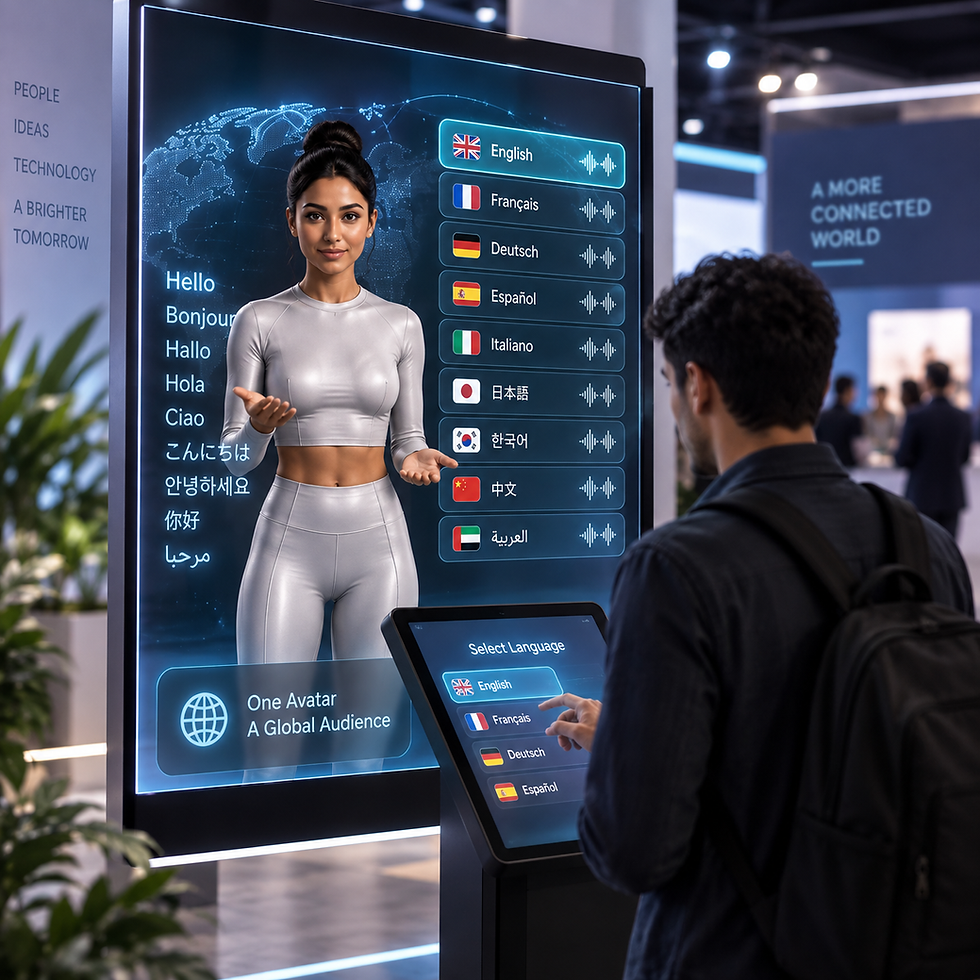 Multilingual AI avatar assisting visitors with language selection, localized voice interactions, and digital human communication across multiple languages.